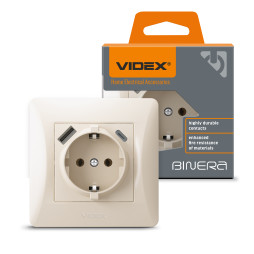 Single socket with grounding with USB+USB-C cream VIDEX BINERA