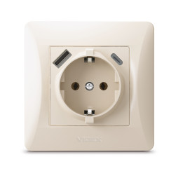 Single socket with grounding with USB+USB-C cream VIDEX BINERA
