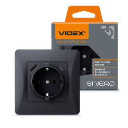 Single socket with grounding with USB+USB-C black graphite VIDEX BINERA VF-BNSK1GUC-BG