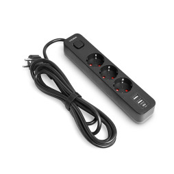 Power extension cord 3p 3m 1.5mm 2.4A 2USB+USB-C with/with and button Black ONCORD (PD33G2U1C-B) VIDEX