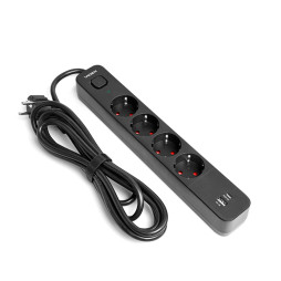 Power extension cord 4p 3m 1.5mm 3.4A USB(QC) USB-C(PD20W) w/o button Black ONCORD VIDEX