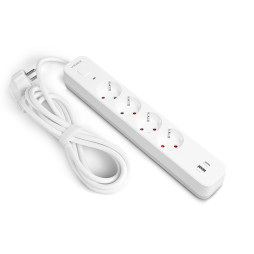 Power extension cord 4p 3m 1.5mm 3.4A USB(QC) USB-C(PD20W) w/o button White ONCORD VIDEX