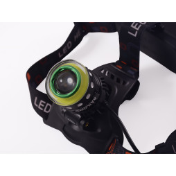 Flashlight forehead T105-T6+COB, charger 220V/12V, 2x18650, zoom, Box "POLICE"