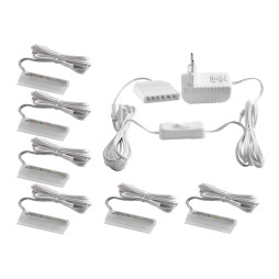 Set of plastic LED clips for lighting glass shelves with manual switch 6pcs 110-240VAC 6 cm green light, white wire LEDUA