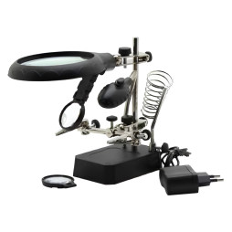 Desktop magnifier with stand for soldering iron d=90mm + 2 magnifiers d=34mm Lemanso with 5 LED backlight + power supply unit (in set)/ 3*AA and 2 cro