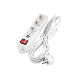 Extension cord white 3 x 5m with 2*USB (2100mA) with grounding 3x0.75mm max 2500W with button / LMK71001 Lemanso