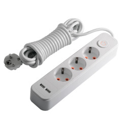 Extension cable white 3 gang 5m with 2*USB (2100mA) with/ground 5x1.0mm max. 3500W with button / LMK71007 Lemanso
