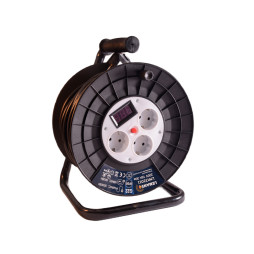 Coiler-coiler LMK72011 3 sockets 30m 16A with/with overload protection, with digital. voltmeter, maximum voltage 800-3000W Lemanso